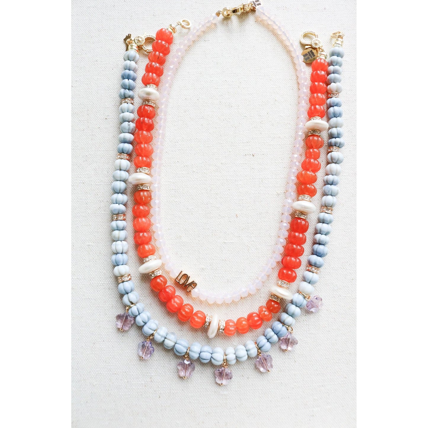 Carved Orange Opal + Coin Pearl Necklace
