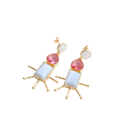 Pair of earrings with pink and white stones on a white background