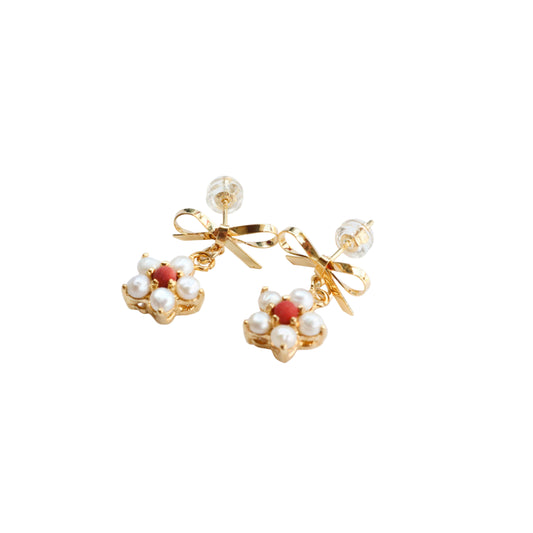 Pearl + Red Coral Poinsettia Bow Earring