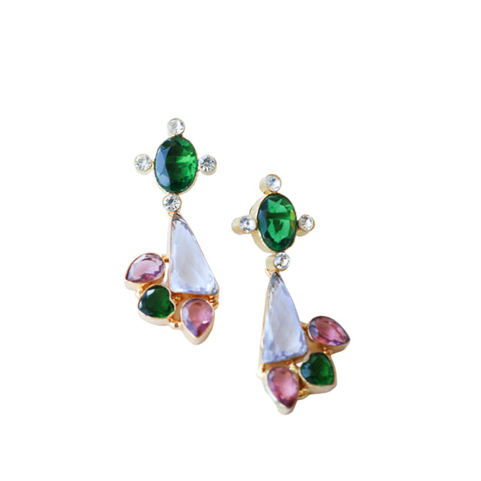 Multicolored gemstone earrings on a light blue background