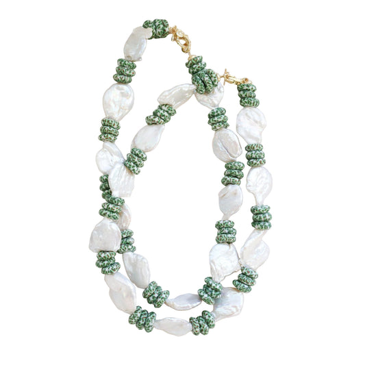 Baroque Coin Pearl + Ghanan Fused Glass Necklace