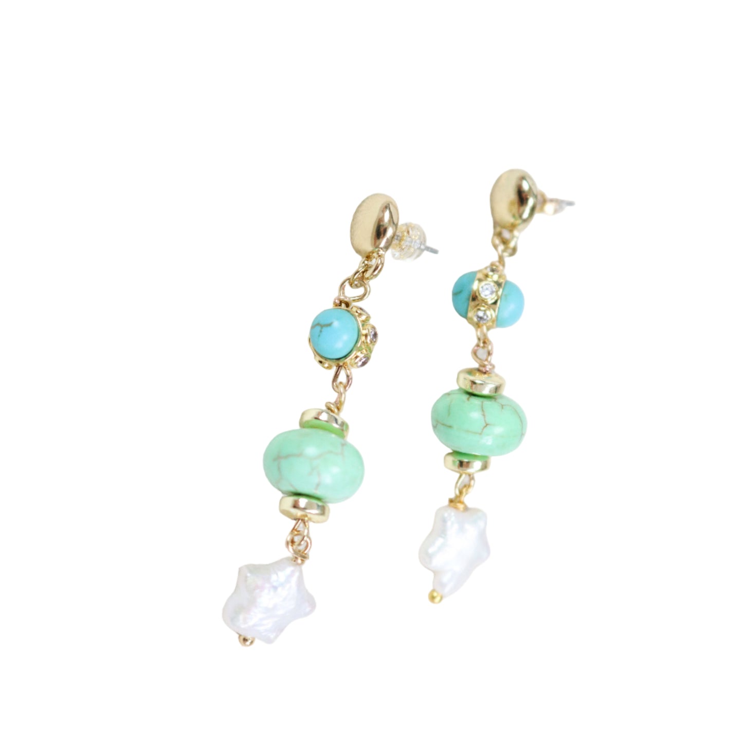 Pair of earrings with turquoise beads and gold accents on a white background