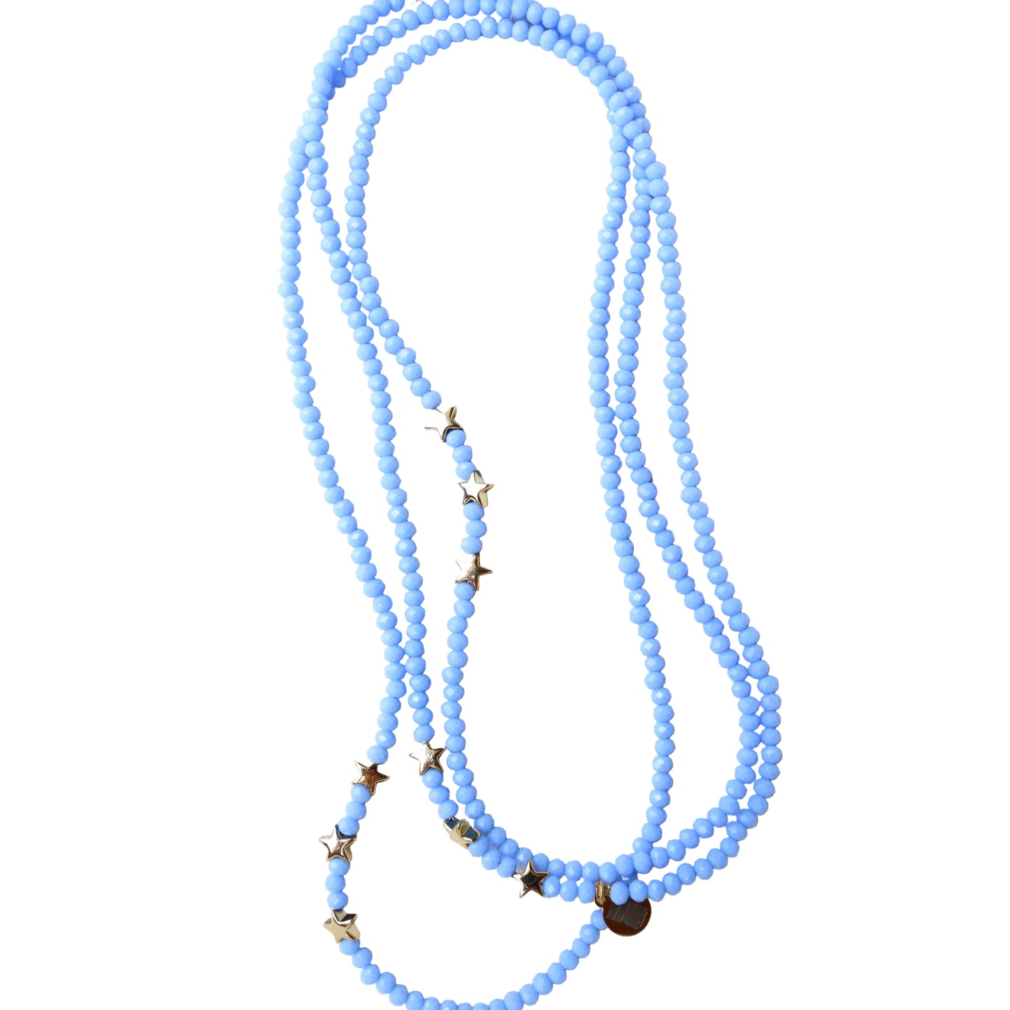 Blue beaded necklace with star-shaped beads on a white background