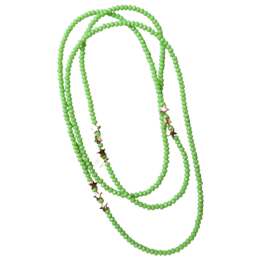 Green beaded necklace with star-shaped charms on a white background