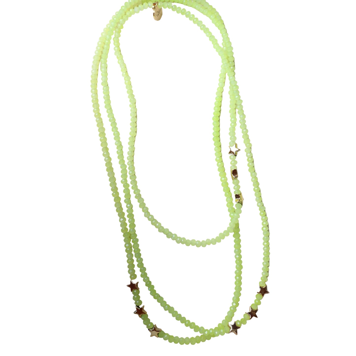 Green beaded necklace with star-shaped beads on a white background