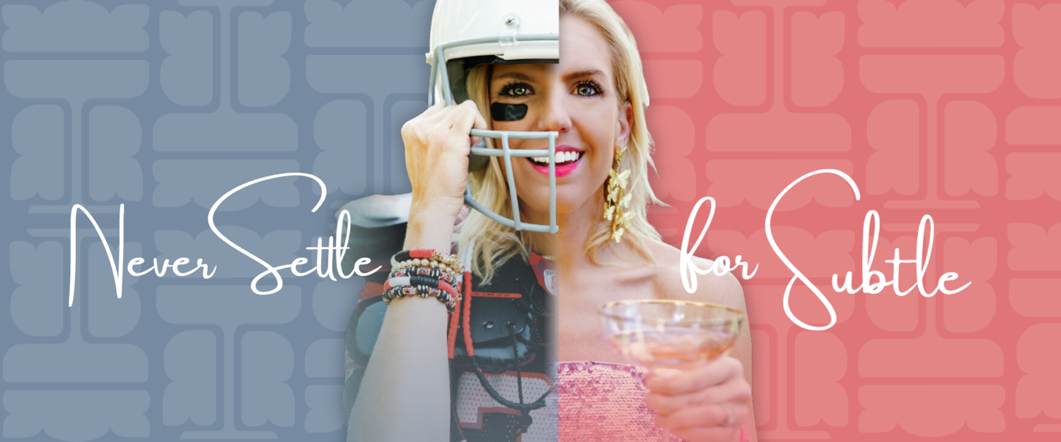 Split image of a woman in football gear and glam attire with the phrase 'Never Settle for Subtle' across a blue and pink background.