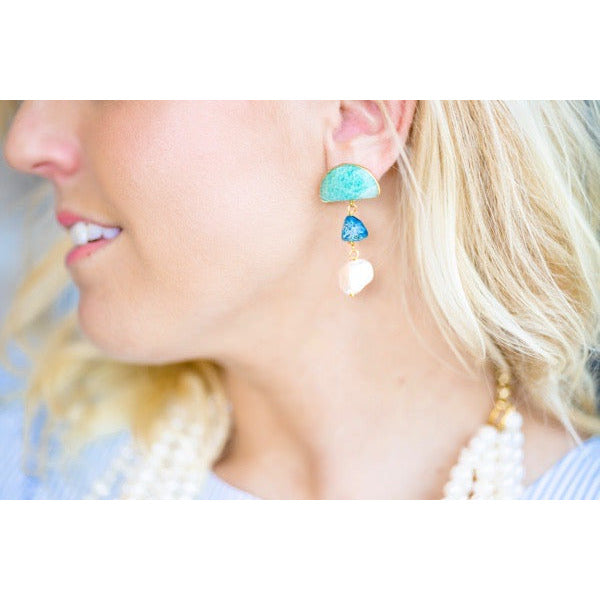 Amazonite + Pearl Semi Drop Earrings