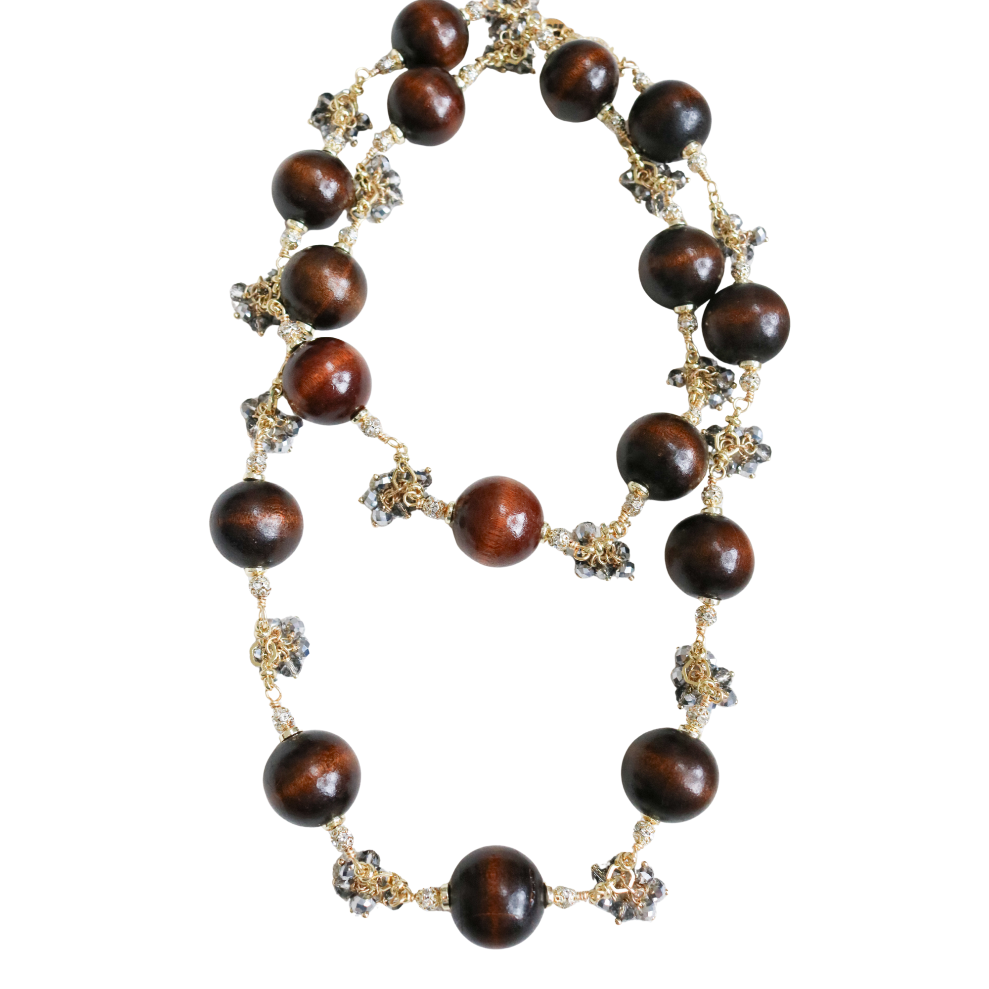 Necklace with wooden beads and gold accents on a white background