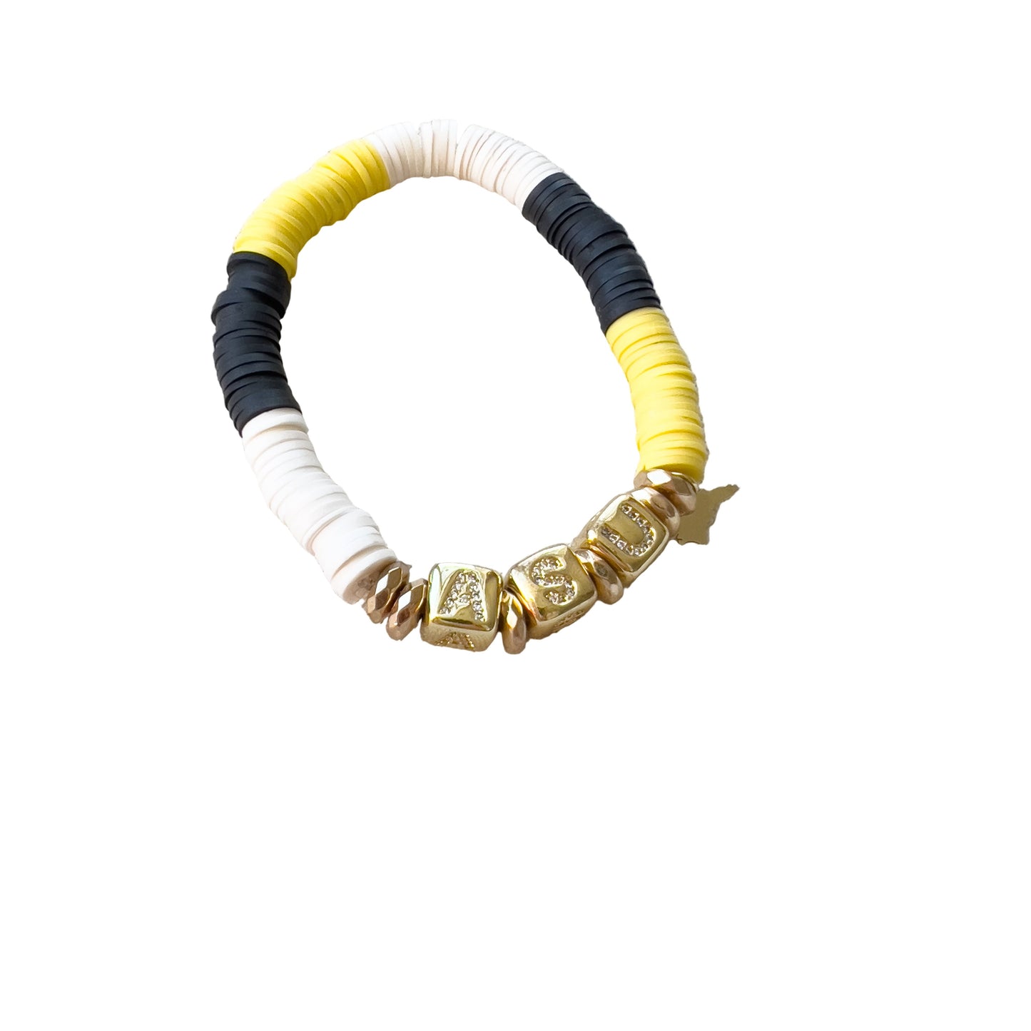 Colorful beaded bracelet with gold "ASU" accents on a white background