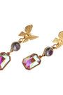 gold plated butterfly earring post with faceted crystal dangles