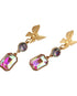 gold plated butterfly earring post with faceted crystal dangles