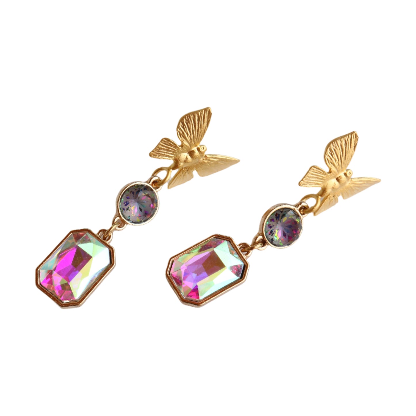 gold plated butterfly earring post with faceted crystal dangles