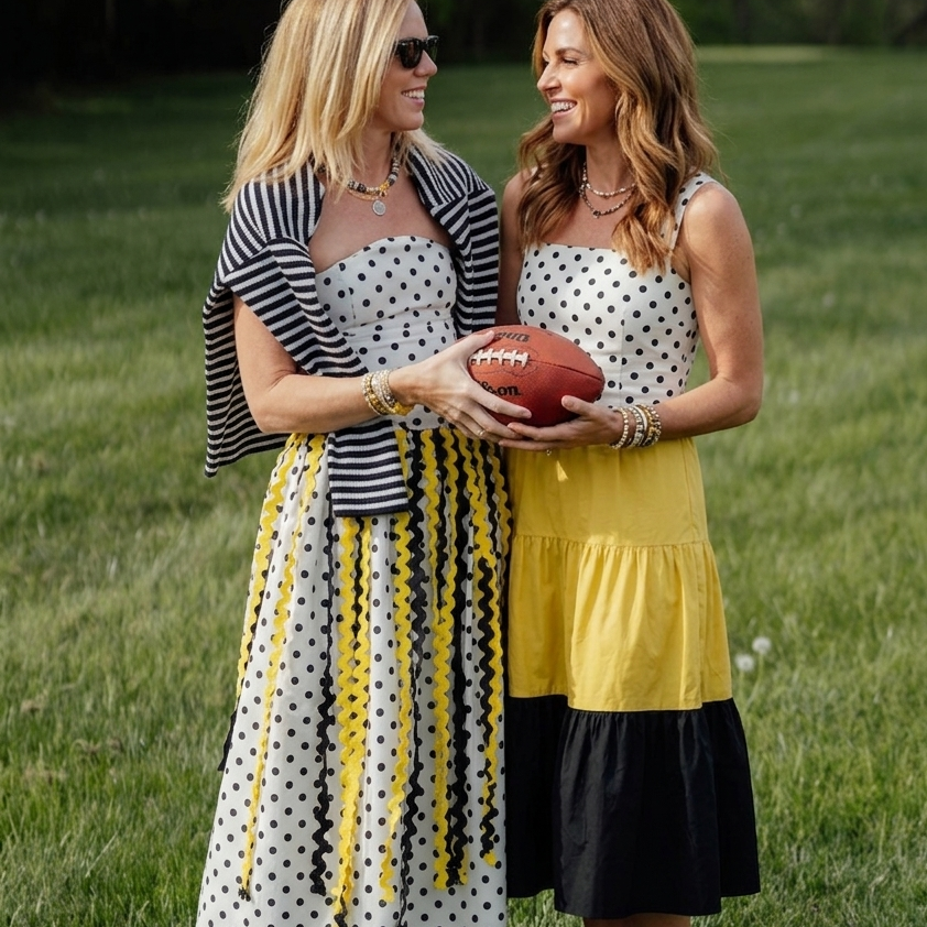 Two women in matching polka dot dresses holding a football on a grassy field.