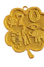 Gold four-leaf clover-shaped pendant with symbols on a white background