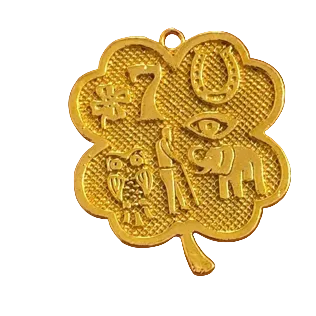 Gold four-leaf clover-shaped pendant with symbols on a white background