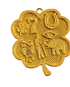 Gold four-leaf clover-shaped pendant with symbols on a white background