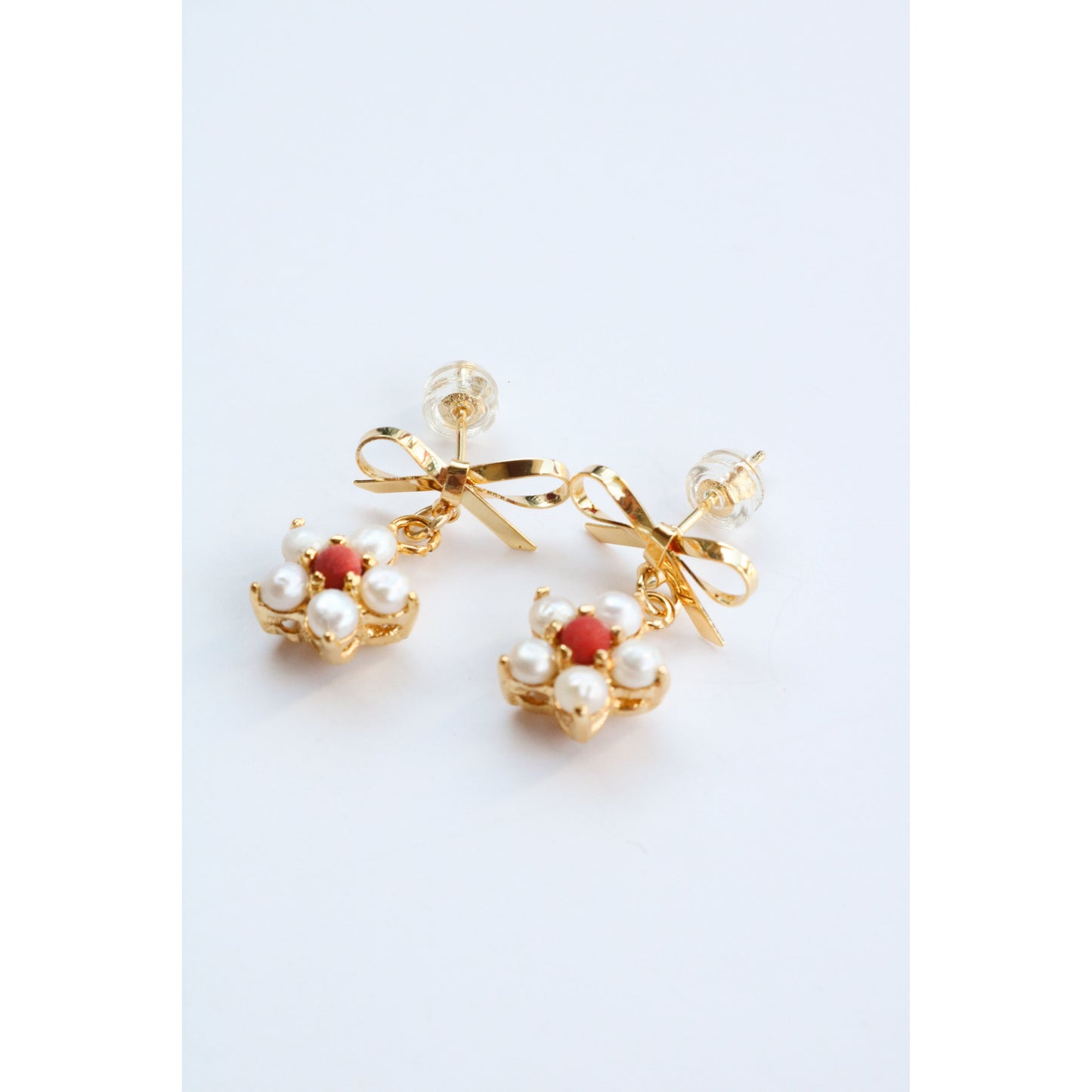 Pearl + Red Coral Poinsettia Bow Earring