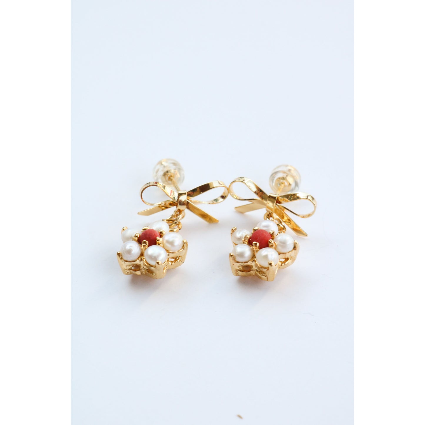 Pearl + Red Coral Poinsettia Bow Earring