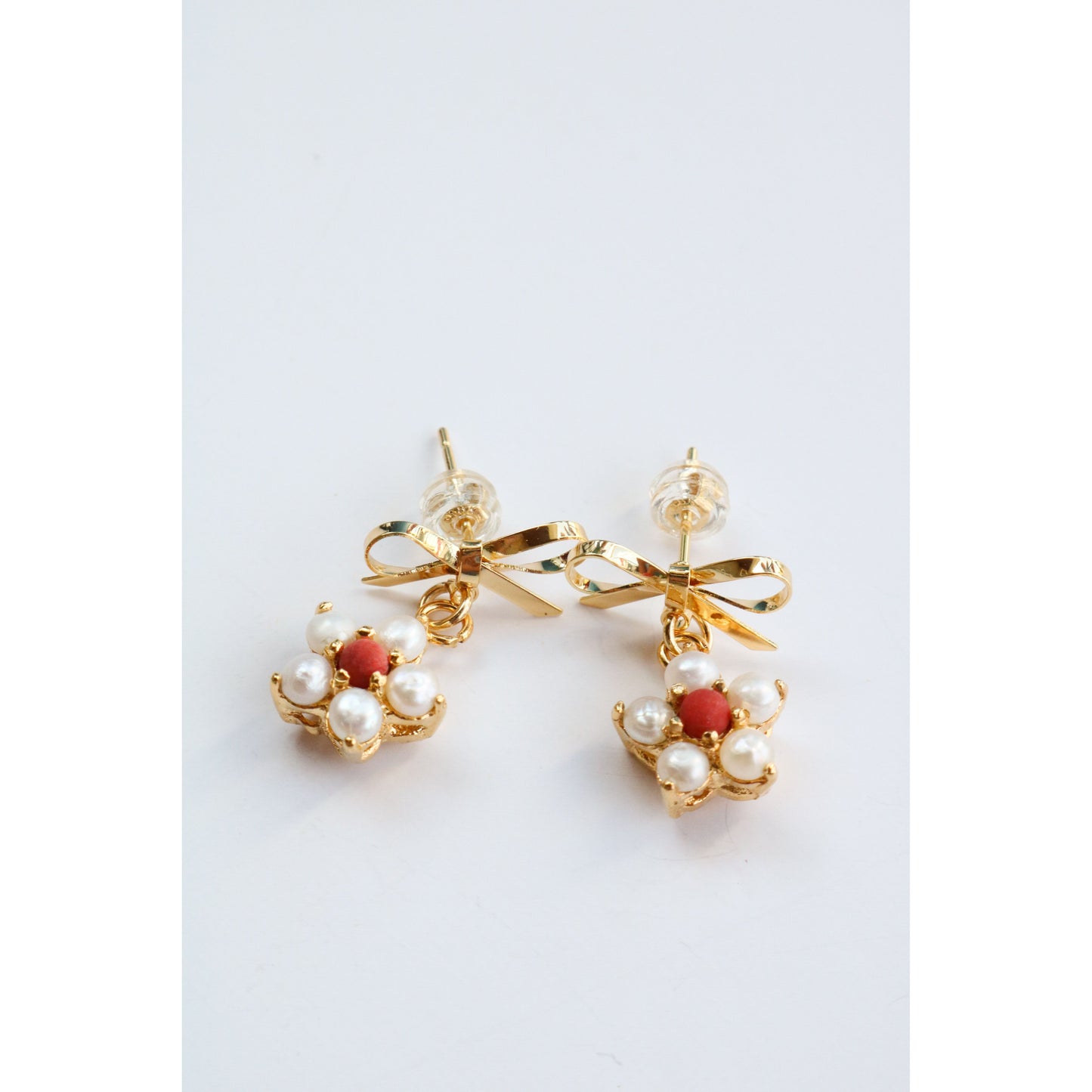 Pearl + Red Coral Poinsettia Bow Earring