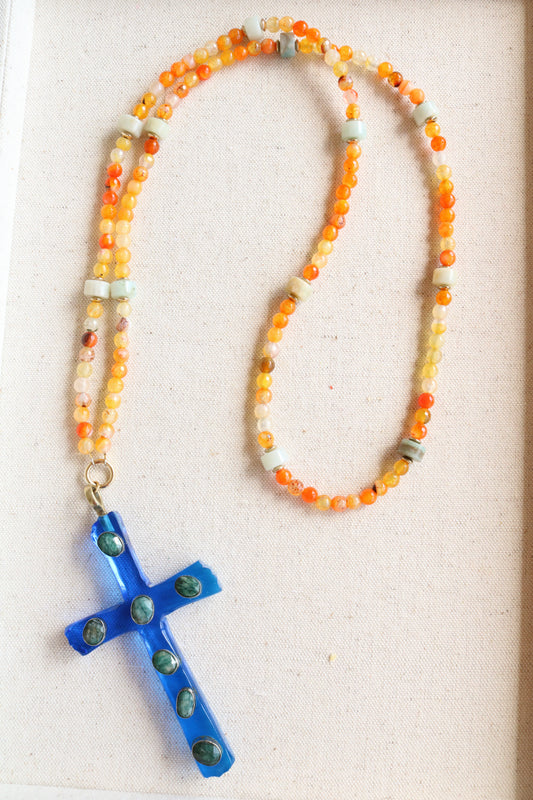 Mixed Orange Agate Cross Pendant Necklace