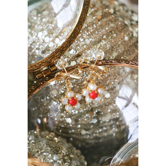 Pearl + Red Coral Poinsettia Bow Earring