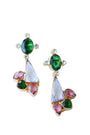 Multicolored gemstone earrings on a light blue background