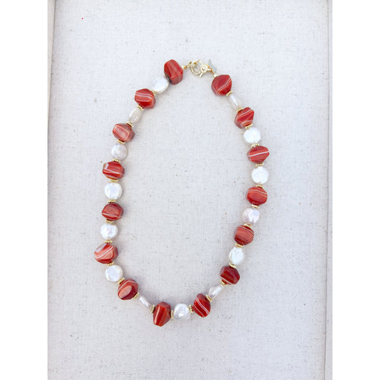 Red Carnelian + Coin Pearl Necklace