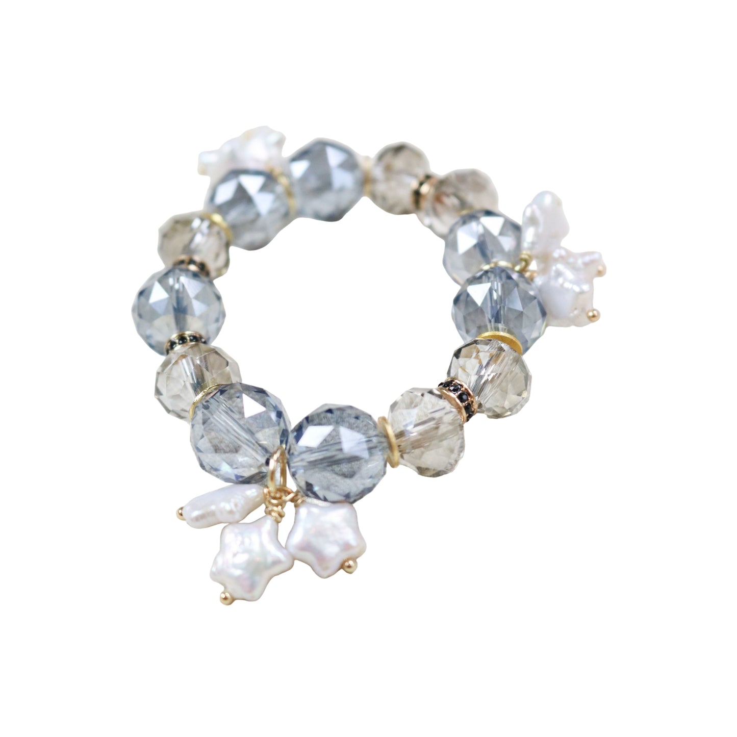 Beaded bracelet with gray, white, and gold beads on a white background