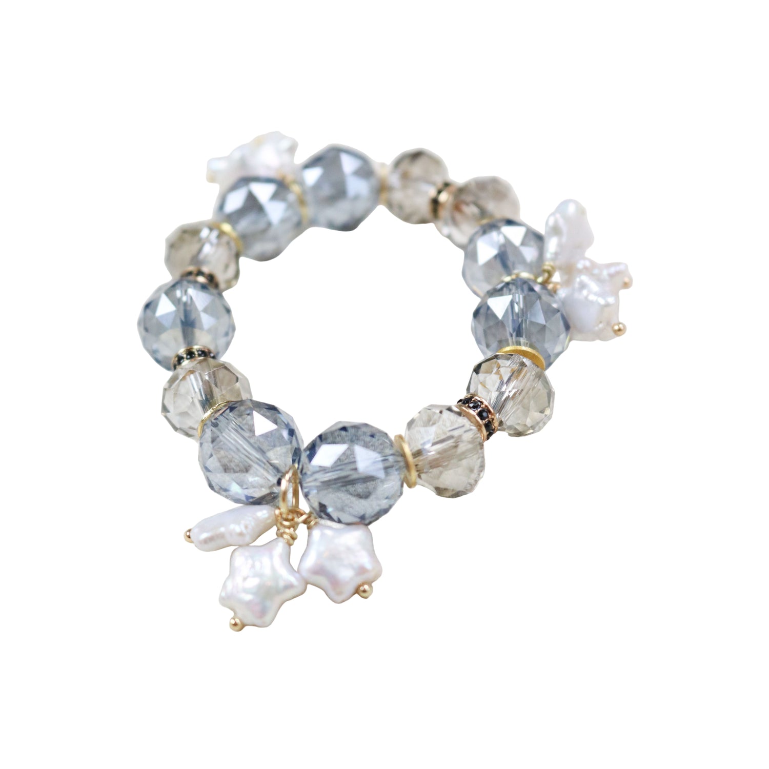 Beaded bracelet with gray, white, and gold beads on a white background