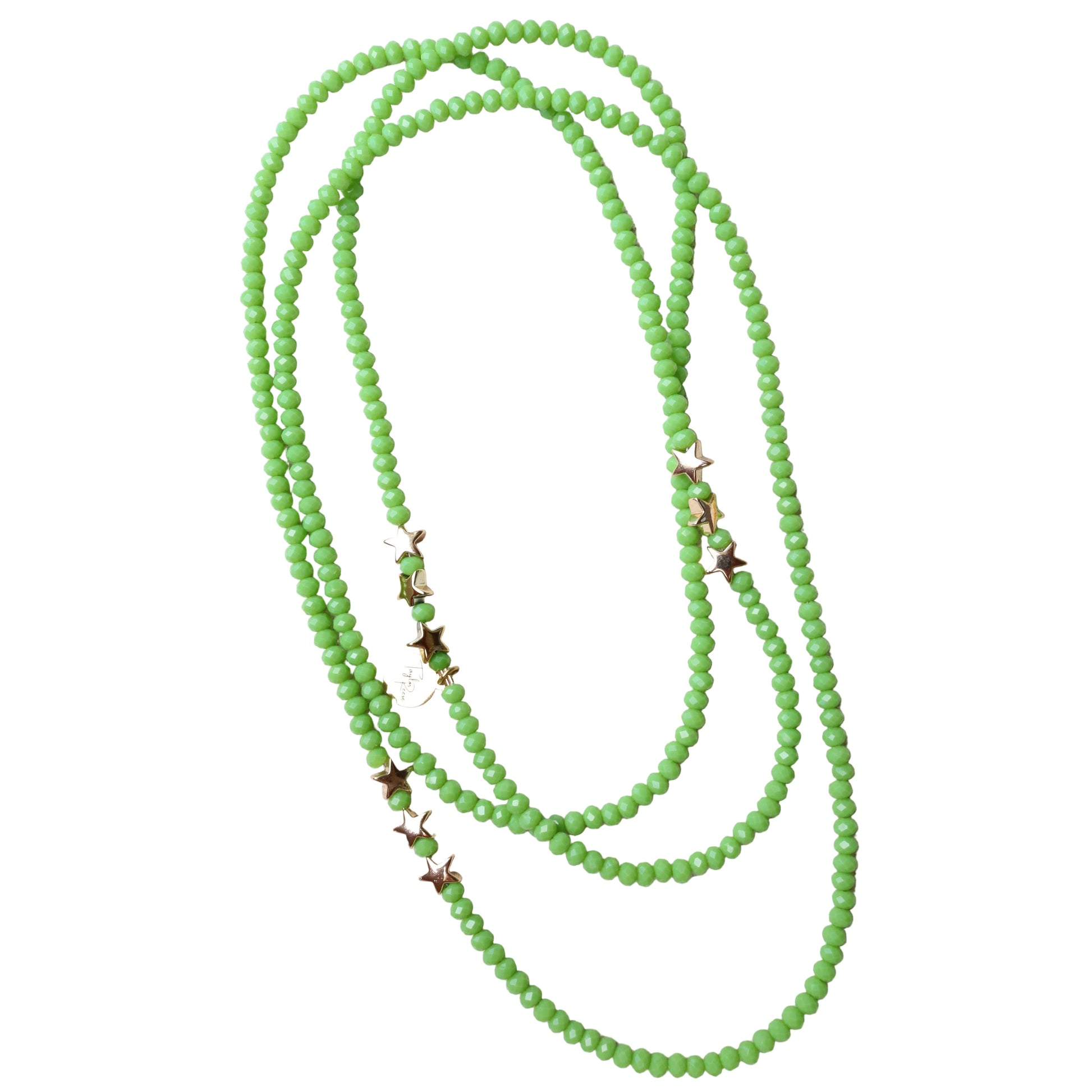 Green beaded necklace with star-shaped charms on a white background