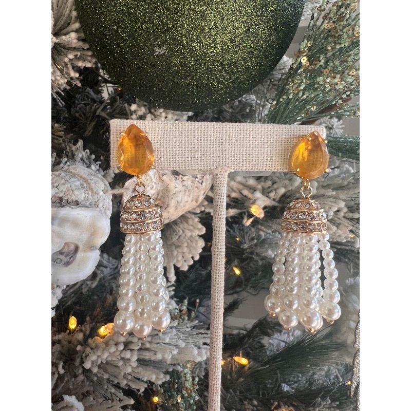 Citrine Pearl Tassel Earrings