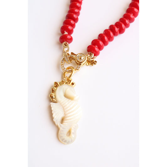 Pink Quartz + 14K Gold Carved Seahorse Pendant