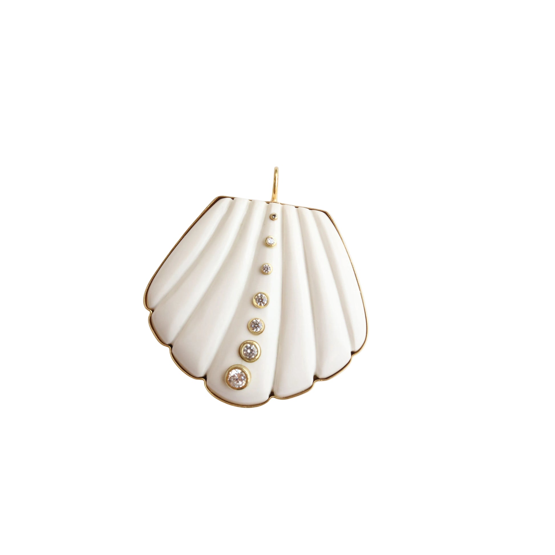 A white agate carved shell pendant with CZ embellishments and a 14K gold-plated metal chain.