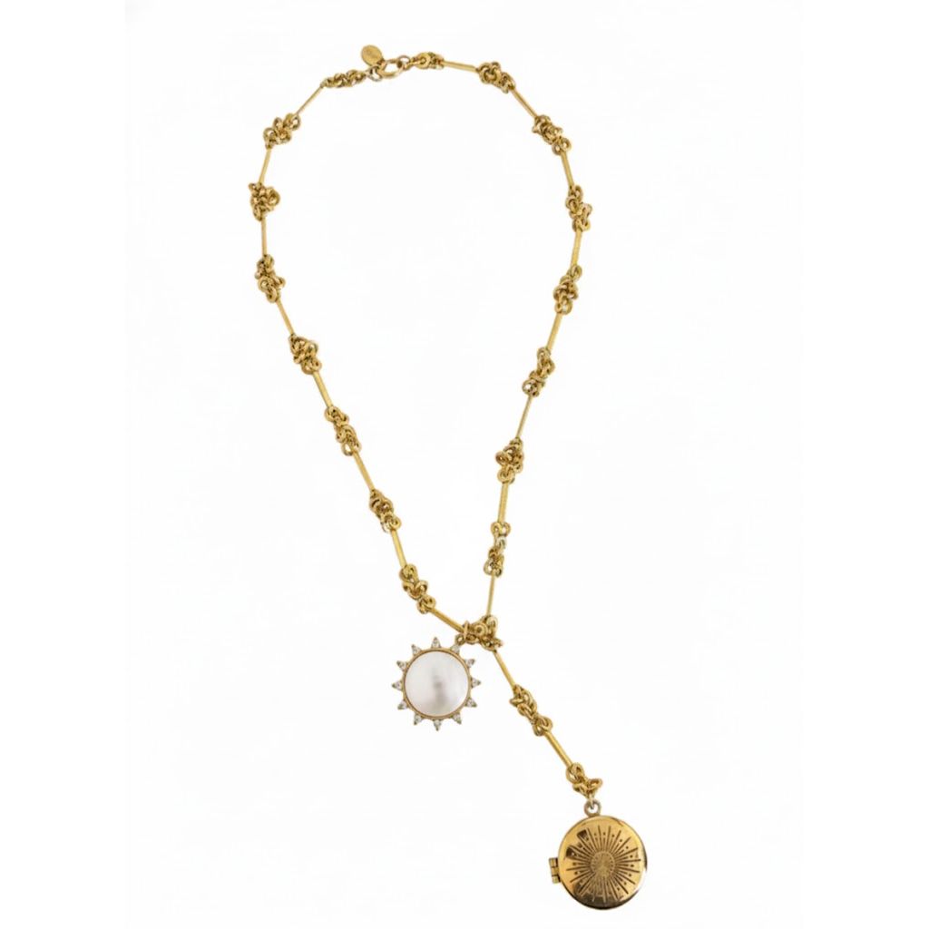 gold chain necklace with mother of pearl pendant and brass locket pendant on a white background