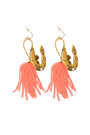 Pair of earrings with brass gold shrimp pendant and pink beaded tassels on a white background