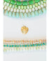 Set of colorful green and gold beaded necklaces with a gold heart clover charm on a white background