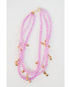 three-strand necklace with lavender crystal beads and multiple gold butterfly beads with a gold pave clasp