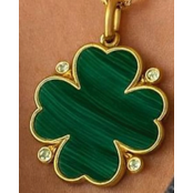 malachite green four-leaf clover pendant charm with gold and CZ accents 