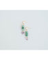 Pair of gold dangle earrings with green jade beads and gold spacers and purple crystal heart accents on a light gray background