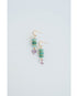 Pair of gold dangle earrings with green jade beads and gold spacers and purple crystal heart accents on a light gray background
