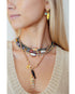 Woman wearing colorful beaded necklaces with fish charms and summer fish earrings on a plain background