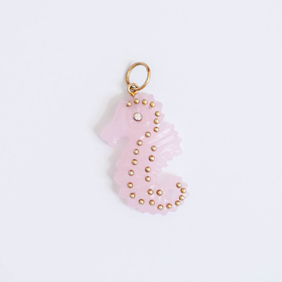 Pink Quartz + 14K Gold Carved Seahorse Pendant