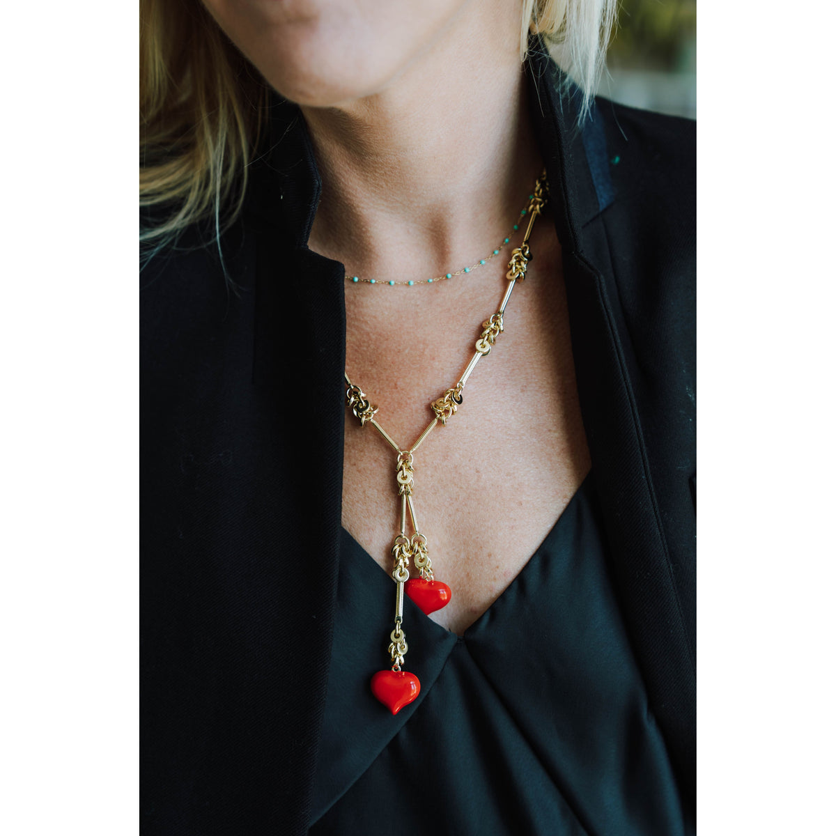 Taylor Reese x Heartest Yard Double Down Puffy Hearts Lariat Necklace