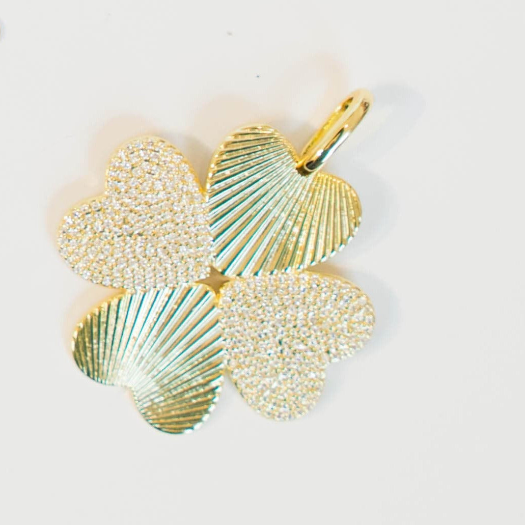Four-Leaf Clover shaped 18k Gold Plated pendant with White cubic zirconia stone detailing