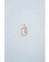 rectangular crystal pendant in a gold frame against a light grey background