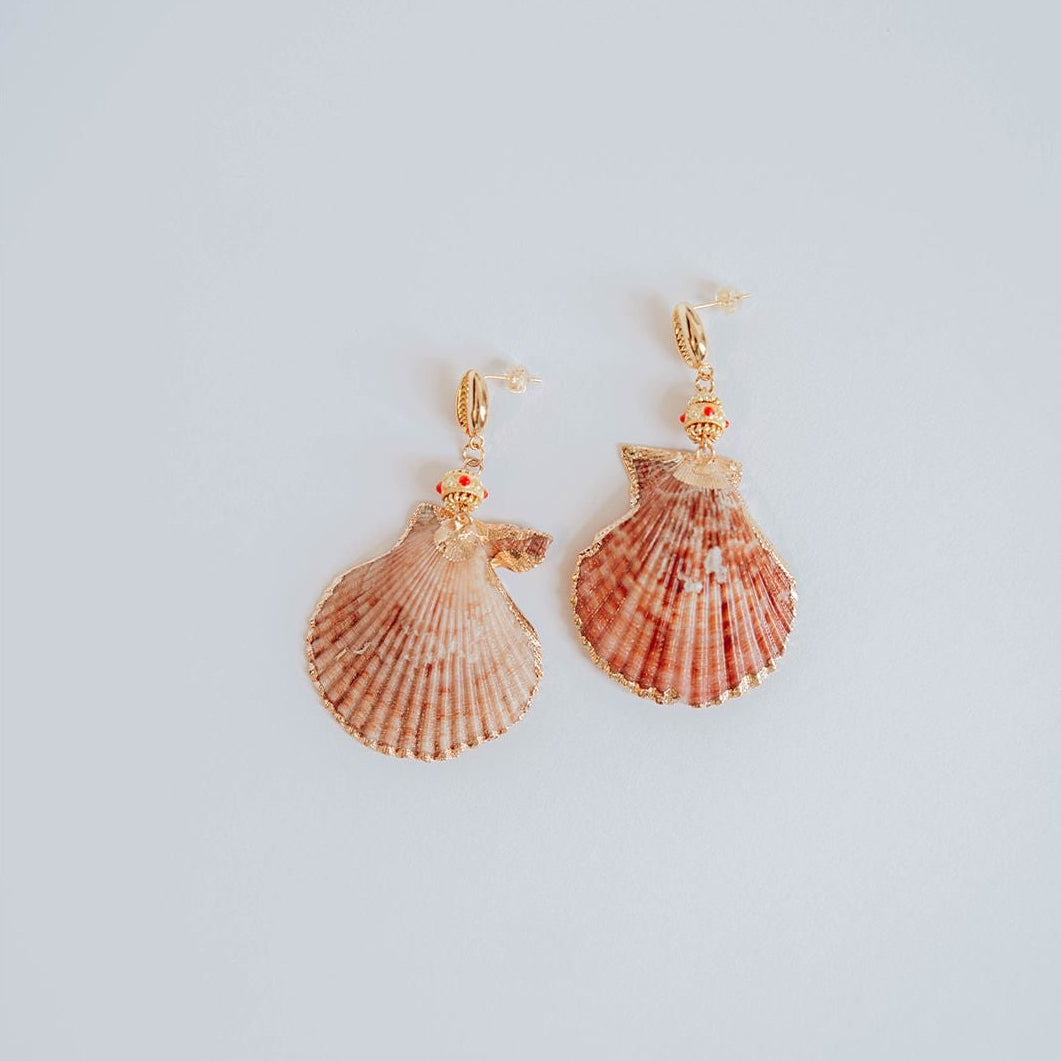 Shell-shaped earrings on a light gray background