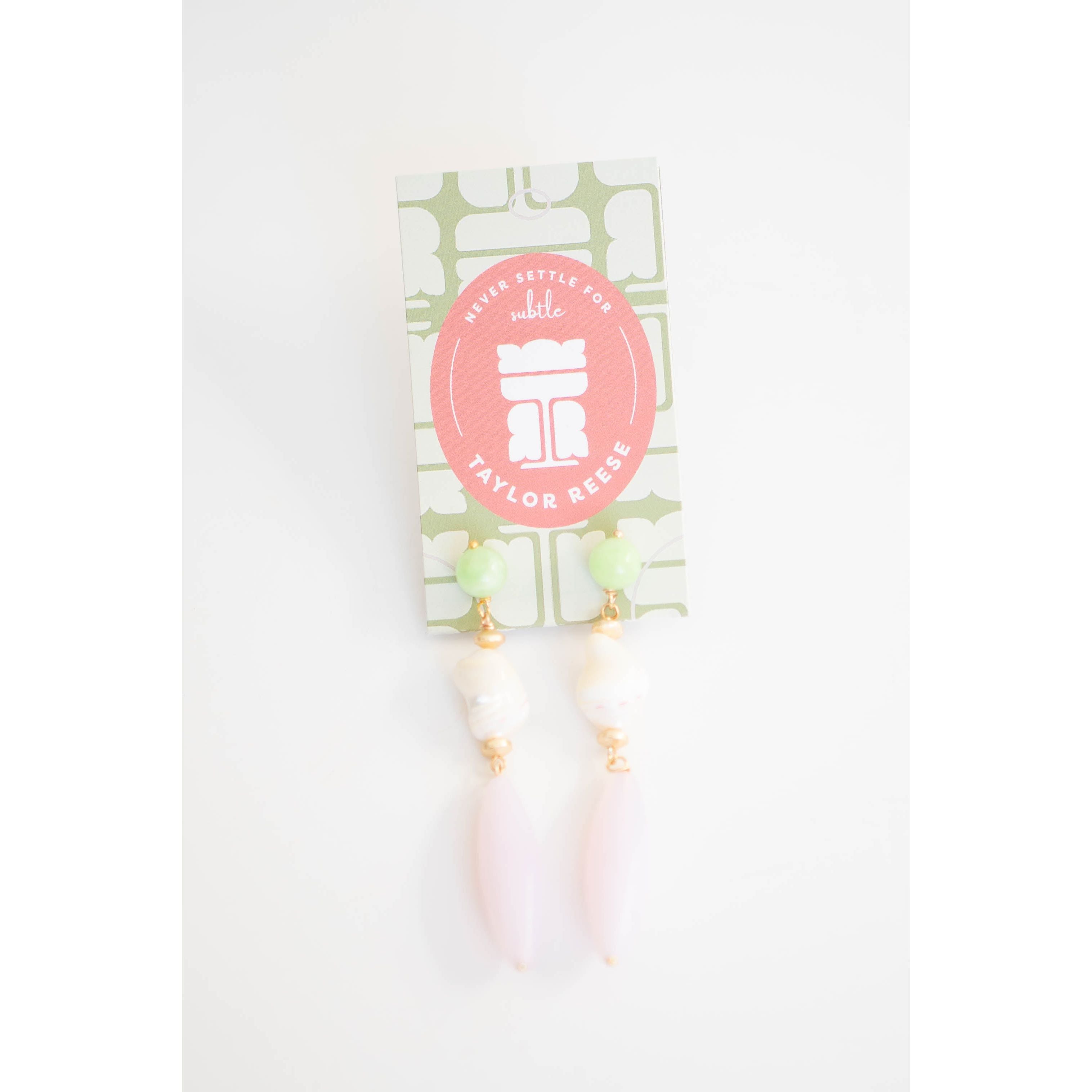 pink and green and pearl three tiered dangle earrings with gold spacers