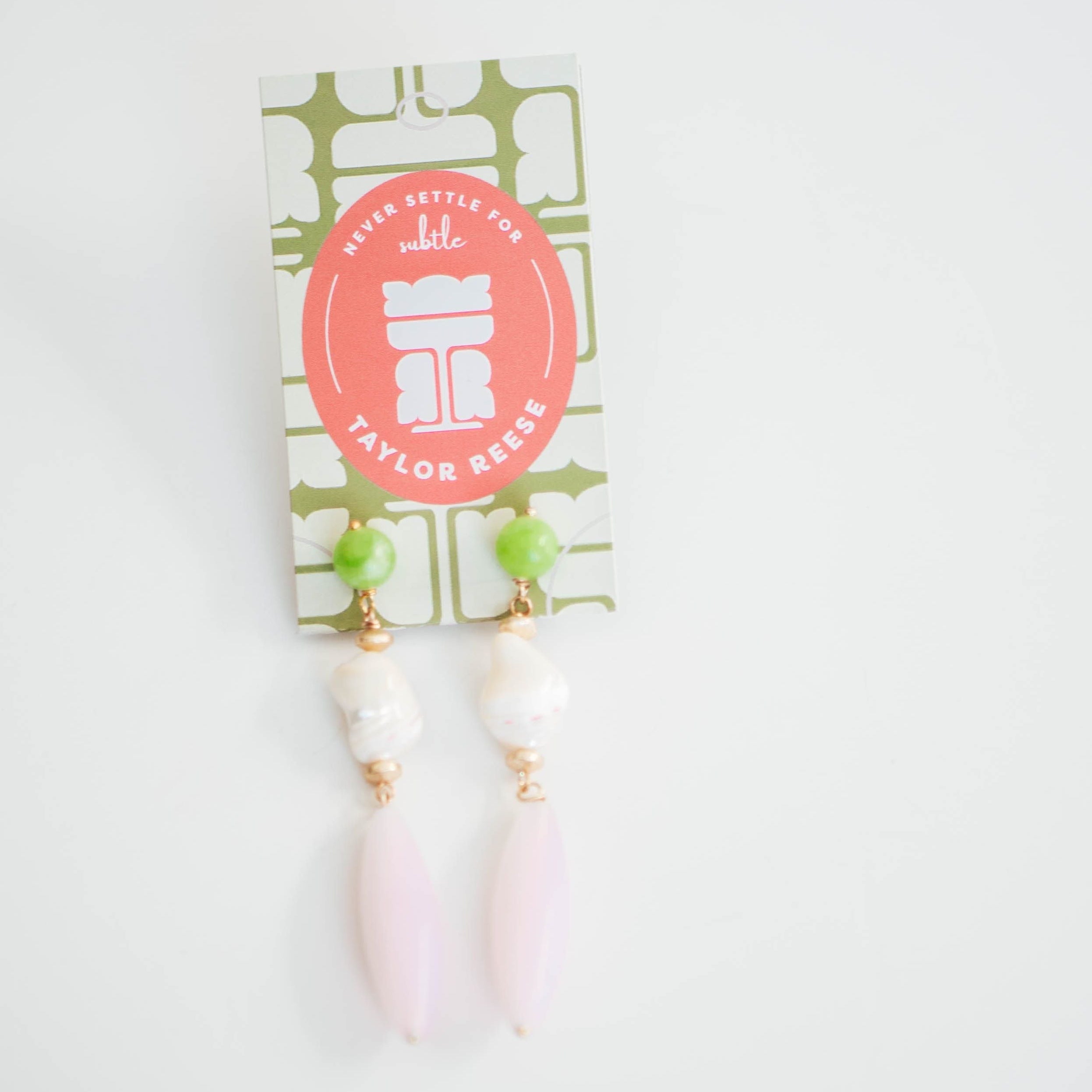 pink green and pearl dangle earrings with gold spacers in between