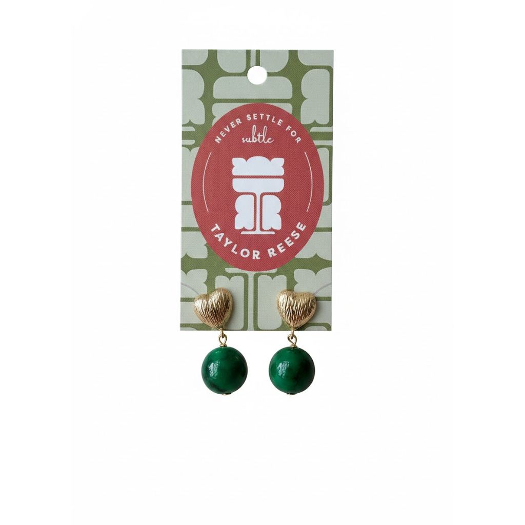 Taylor Reese x The Heartest Yard Brushed Gold Heart Green Ball Earrings