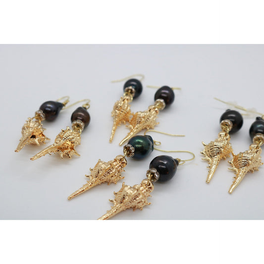 Black Pearl + Gold Shell Earrings